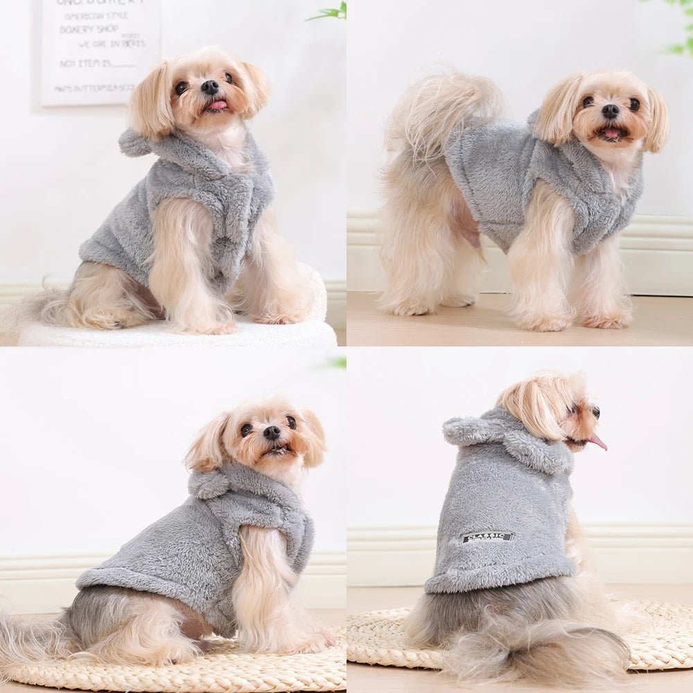 A fluffy light gray fleece hoodie for a small dog sitting on a white surface.