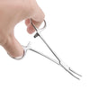A hand holds a stainless steel pet ear hair tweezers with a curved tip.