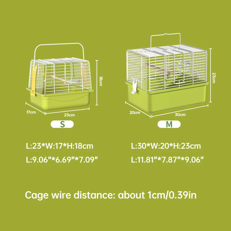 Green portable double shoulder bird carrier bag with wire mesh cage and perch