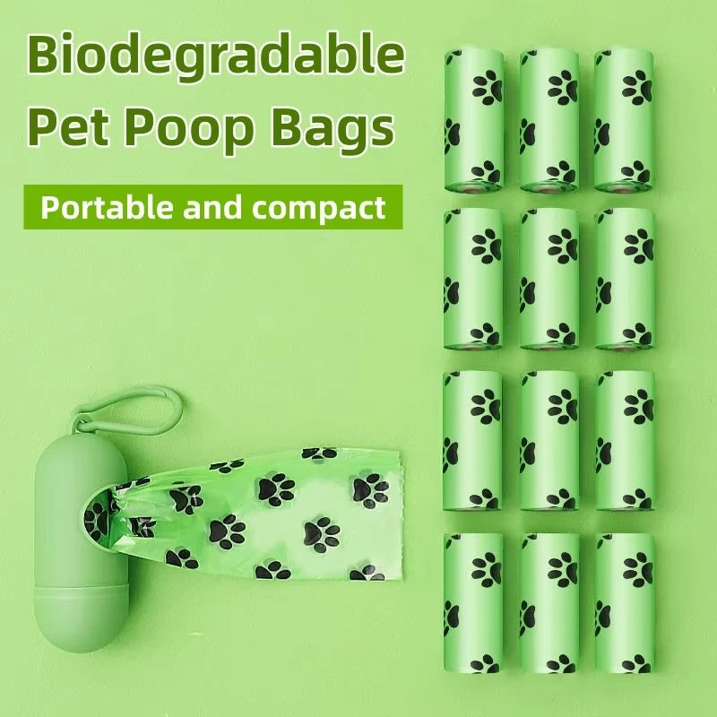 A display of green biodegradable pet poop bags in various sizes and orientations.