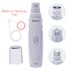 A white electric pet nail grinder with a charging port and a glass nail holder shown in various views.