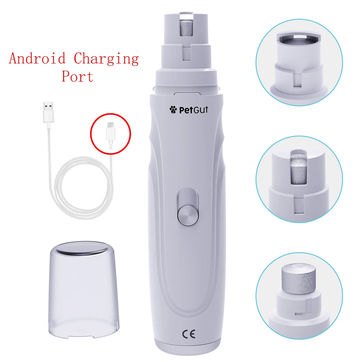 A white electric pet nail grinder with a charging port and a glass nail holder shown in various views.