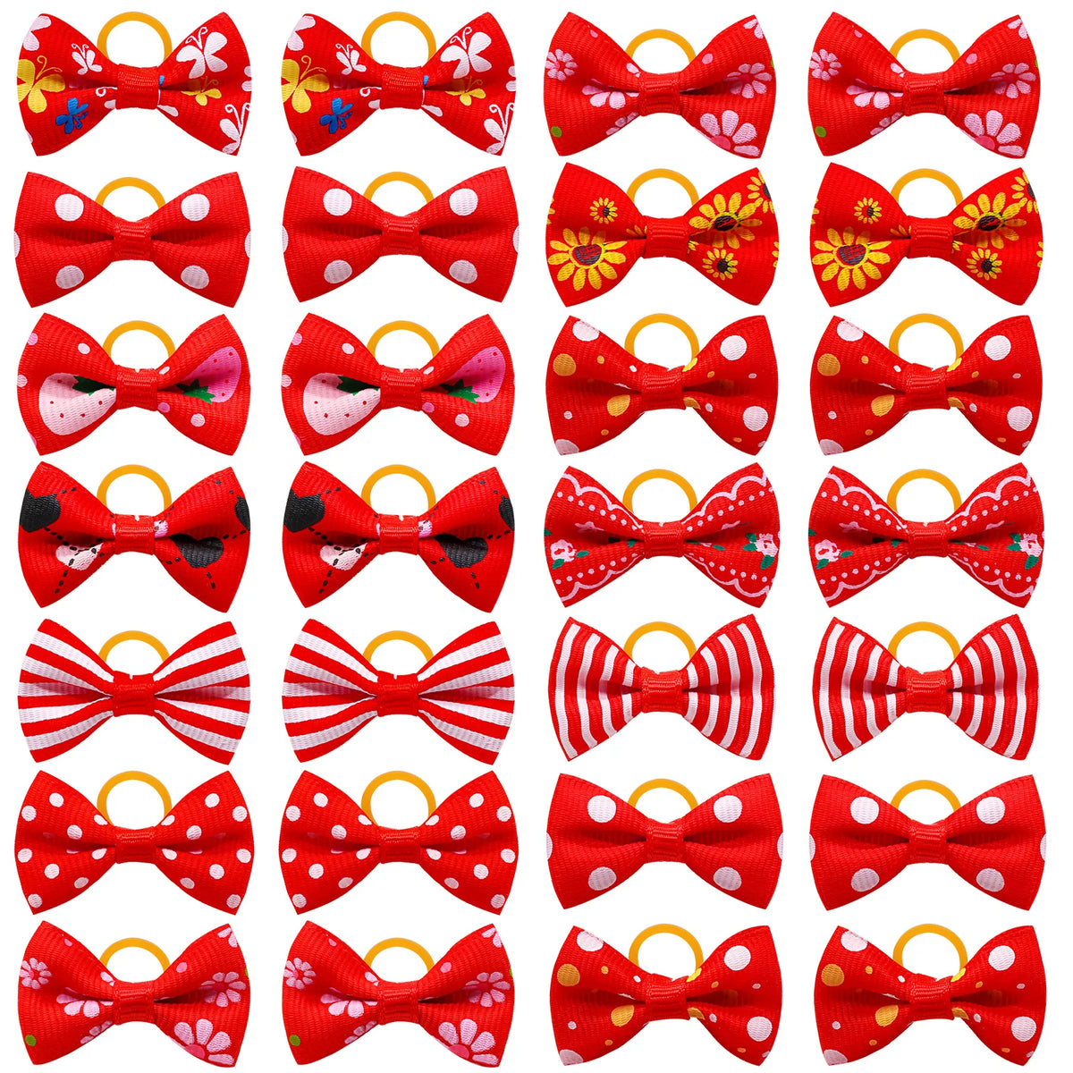 A collection of adorable pet hair bows in various patterns and colors tied with gentle rubber bands.
