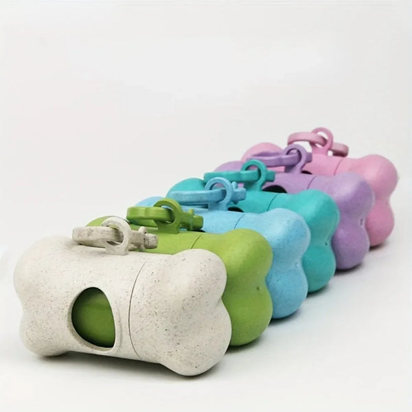 A bone-shaped portable pet garbage bag dispenser with a towing clip in various pastel colors.