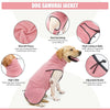 Pink dog samurai jacket featuring warm fleece, high collar, and adjustable buckle for protection