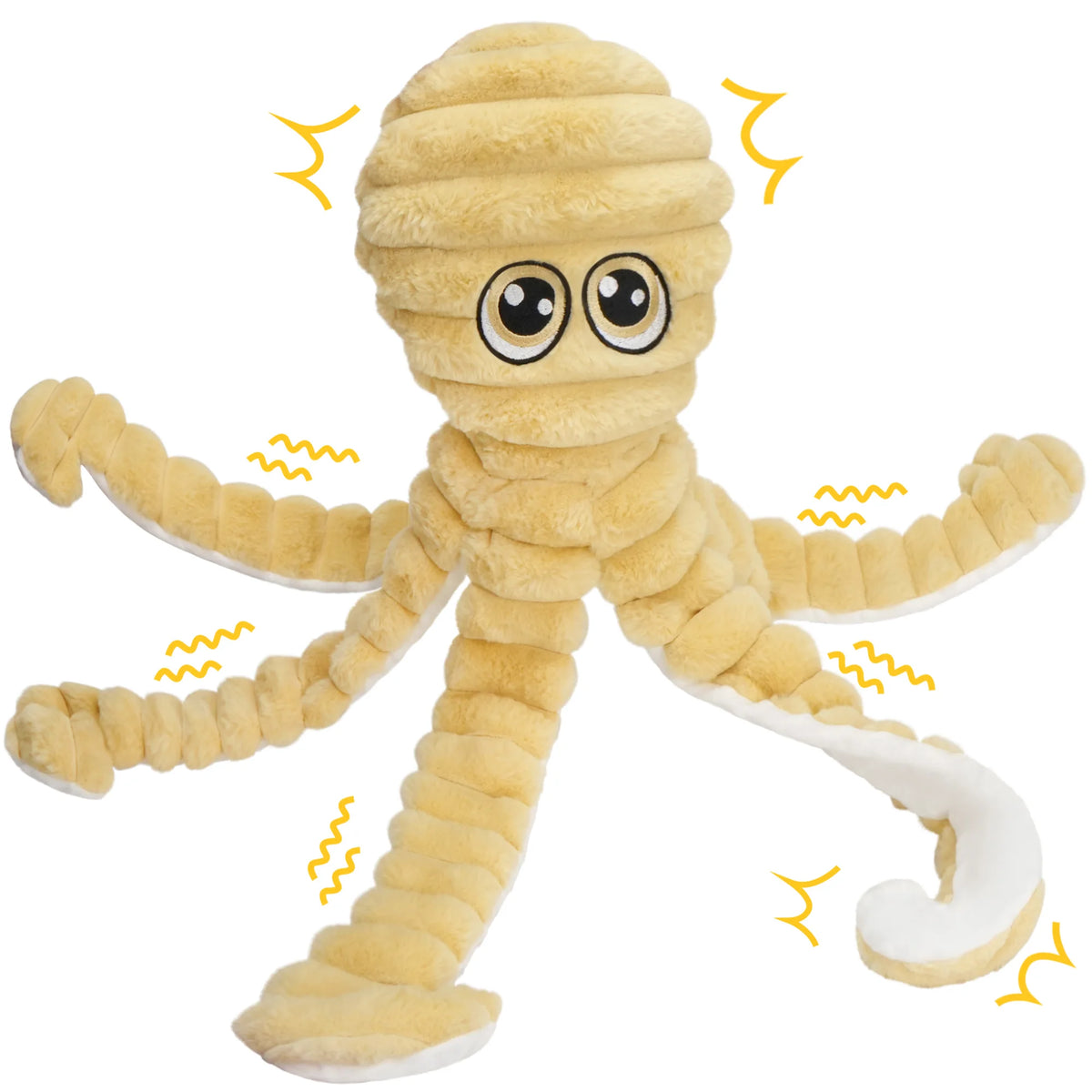 Un jouet d'octopus en peluche jaune et doux avec des dents à grincer et des appendices moelleux.