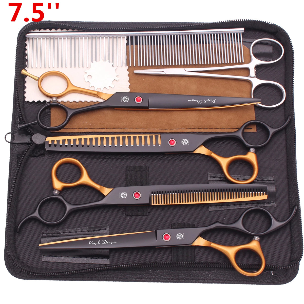 Schwarze Hülle mit Set professioneller Edelstahl-Pflegeschere und -kämme für Haustiere.