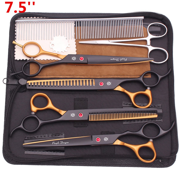 A black case containing a set of professional stainless steel pet grooming scissors and combs.