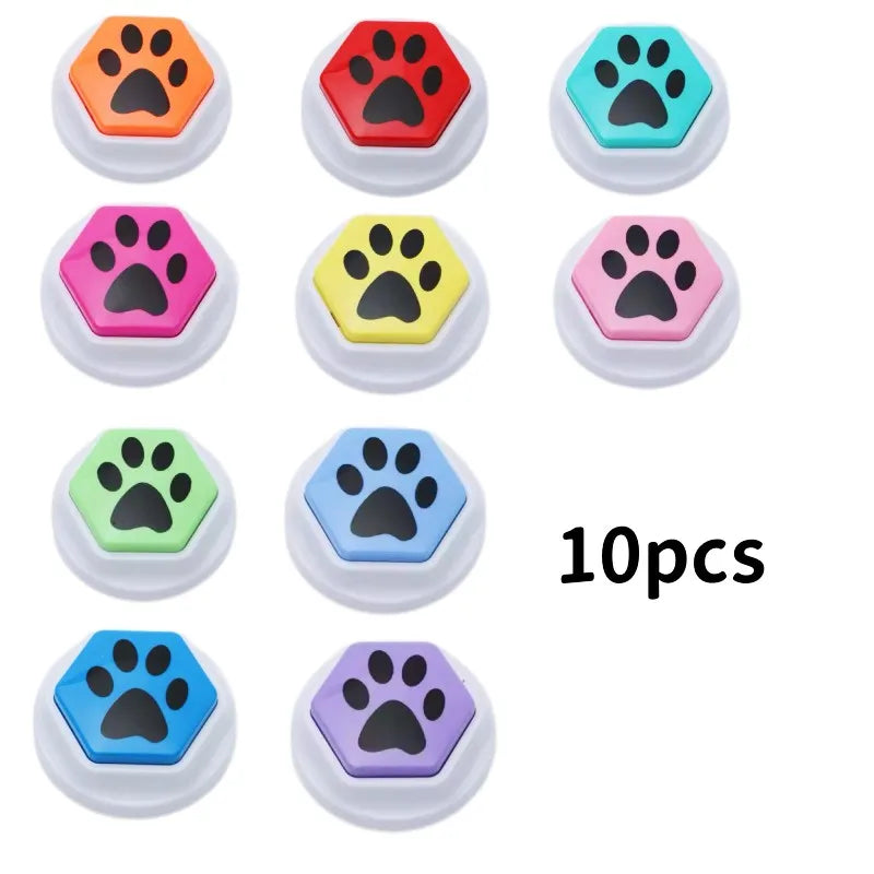 A set of ten colorful recordable talking buttons for dog training, each featuring a paw print design.