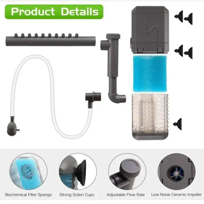 A set of quiet 3-in-1 aquarium filter components including a pump, tubing, and ceramic filter sponge.