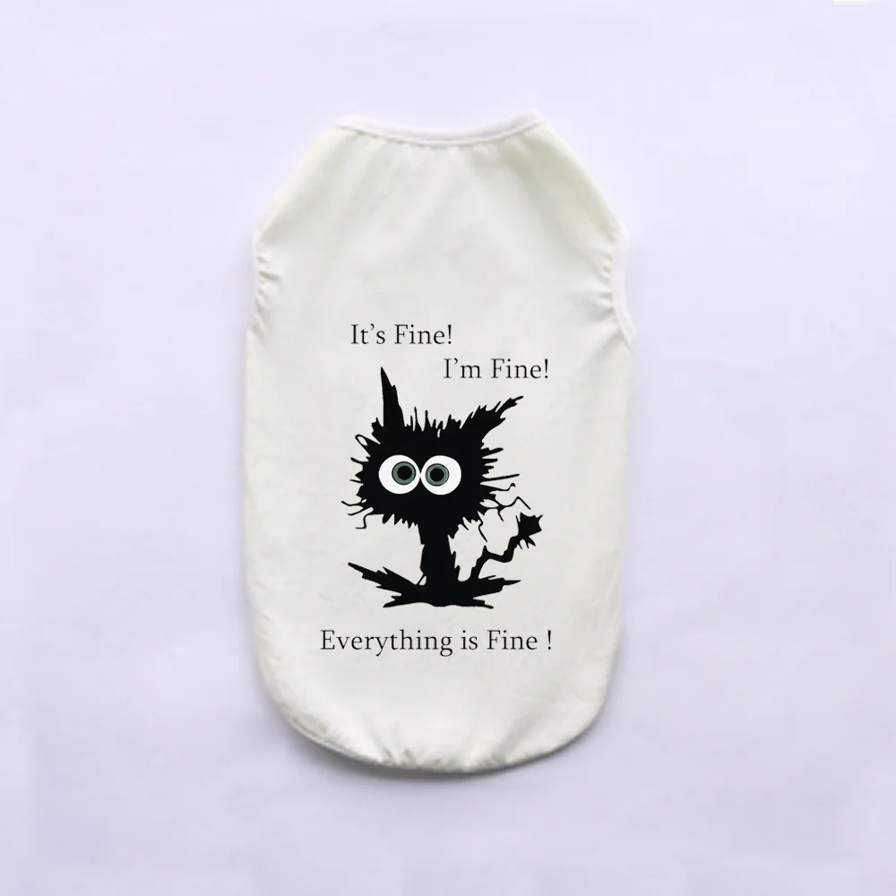 A white breathable summer pet vest with a black silhouette of a distressed cat face and text reading It's Fine! I'm Fine! Eve