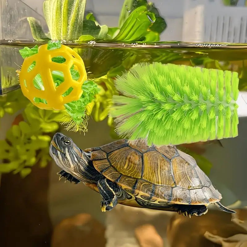 Eine Schutzschale für Schildkrötenpflege und Fütterung mit gelbem Gegenstand und grünem Pflanzenmaterial in einem Aquarium.
