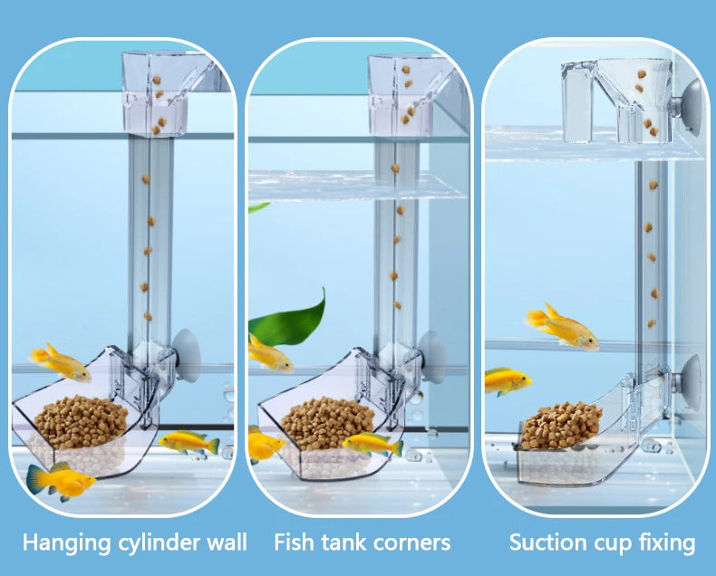 Diagrammes montrant différentes méthodes d'alimentation de poissons : paroi cylindrique suspendue, coins du bac et fixation p