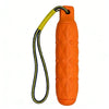 Orange durable EVA chew toy for large dogs with a yellow lanyard