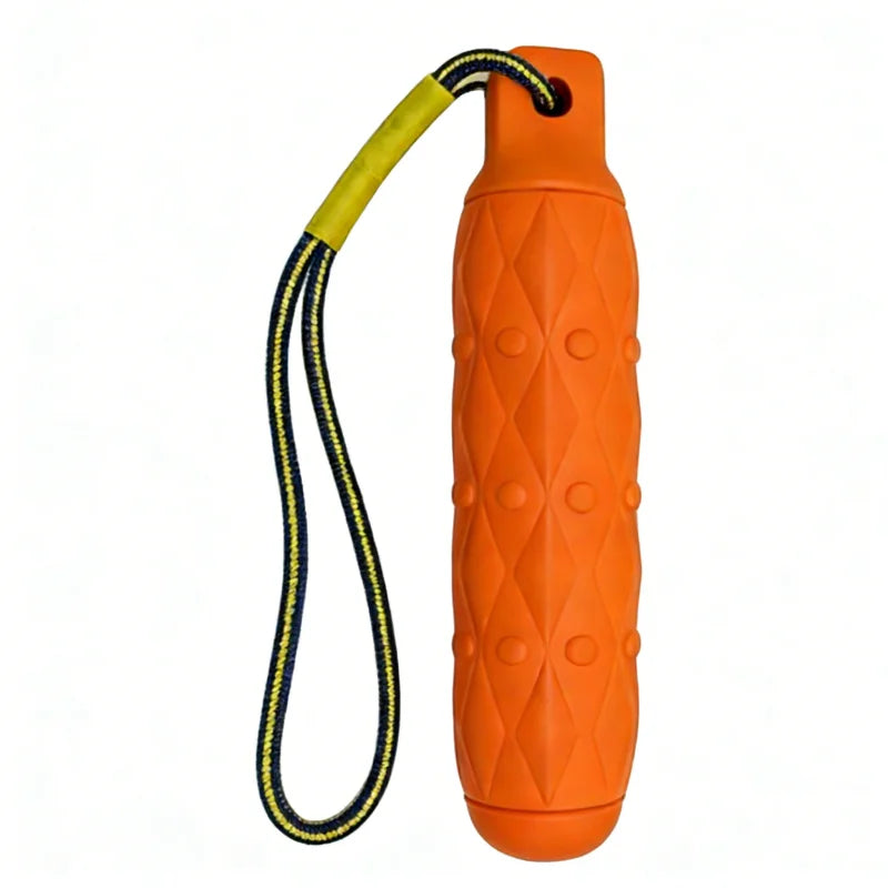 Orange durable EVA chew toy for large dogs with a yellow lanyard
