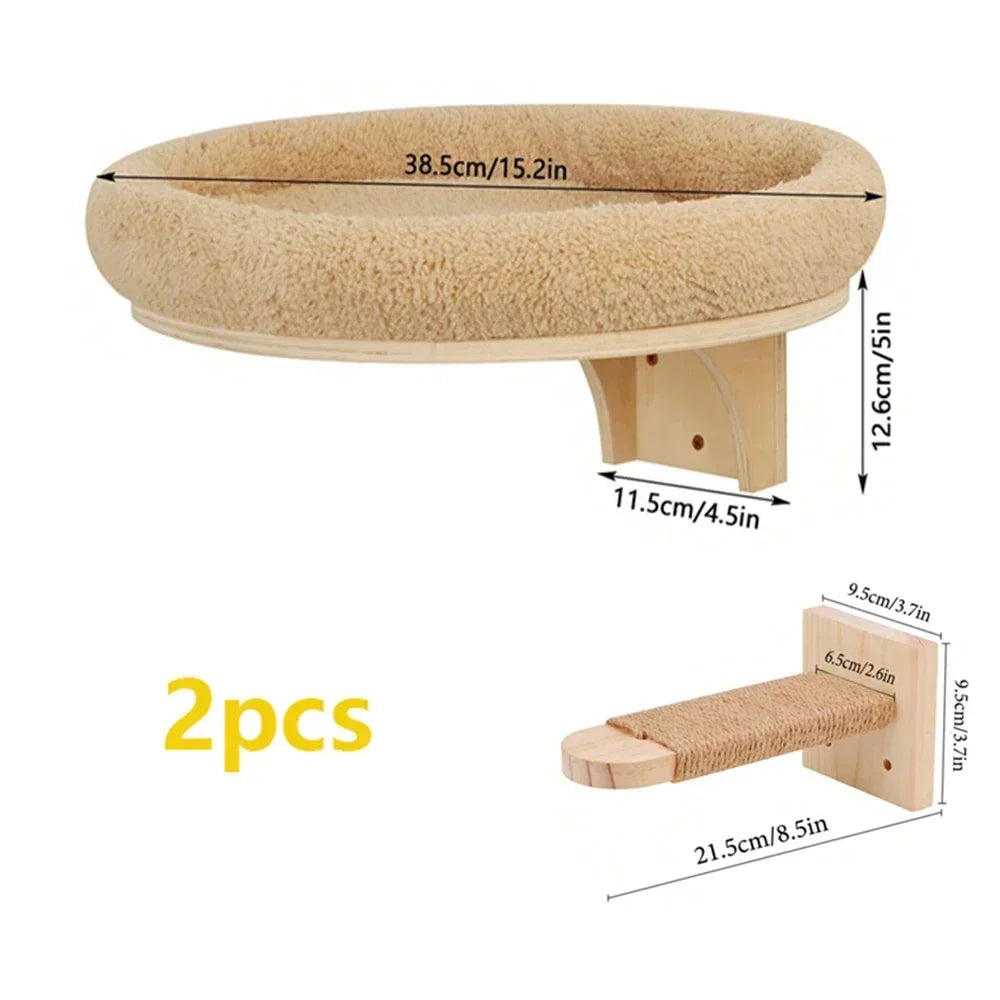 Wall-mounted cat tree with a round scratching surface and wooden stairs for climbing