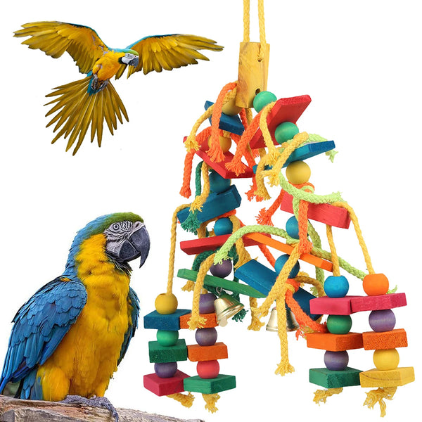 A colorful wooden bead chew toy for parrots featuring a yellow bird and hanging hooks.