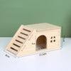 A natural wooden hamster house with an activity platform and entrance, shown from the side.