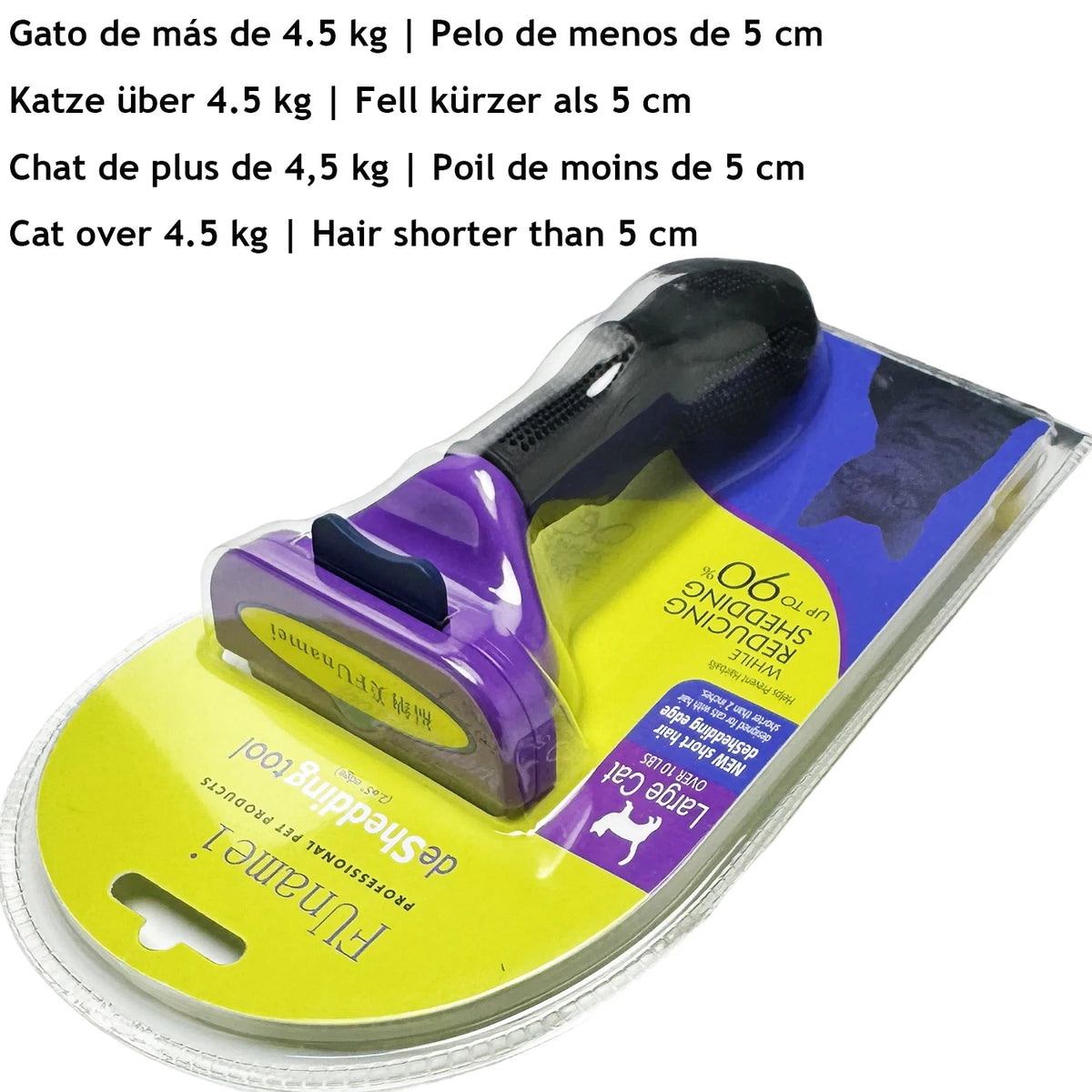 A purple pet deshedding brush with a black bristles is shown on a clear plastic packaging.