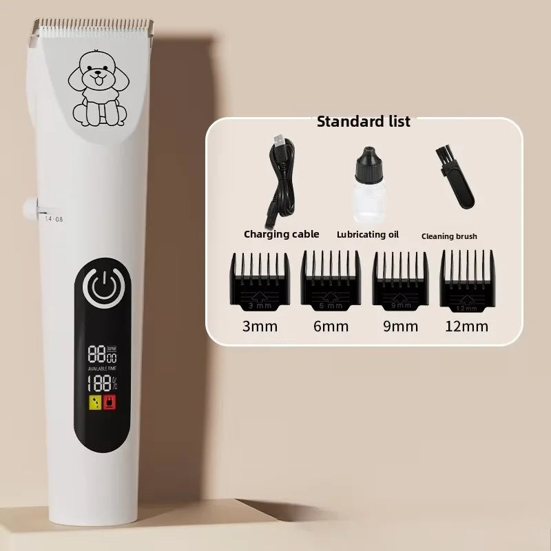 Tondeuse sans fil pour poils d'animaux blanche avec accessoires : câble de charge, huile lubrifiante et brosse nettoyante.