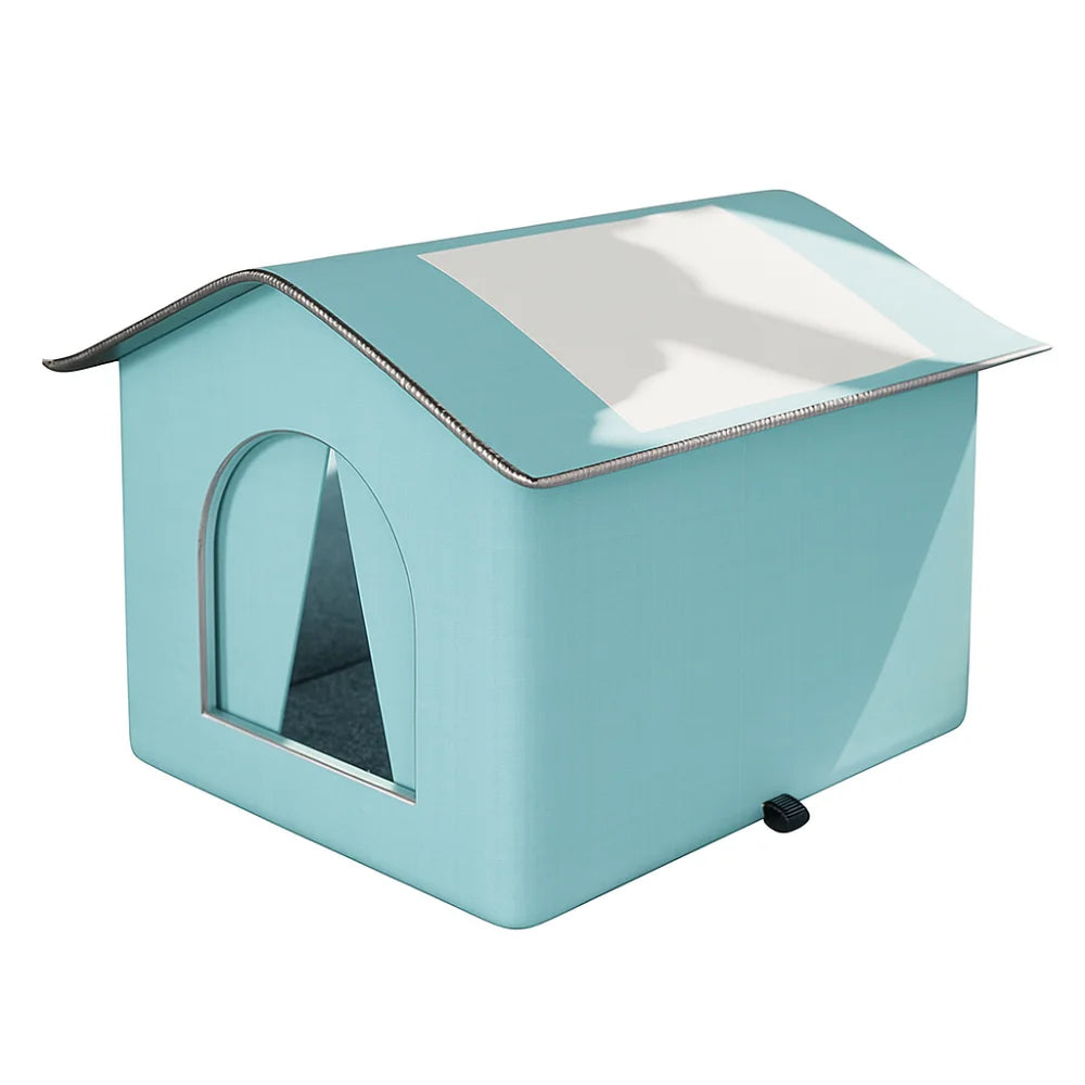A light blue foldable waterproof insulated cat house with a pitched roof and an arched entrance.