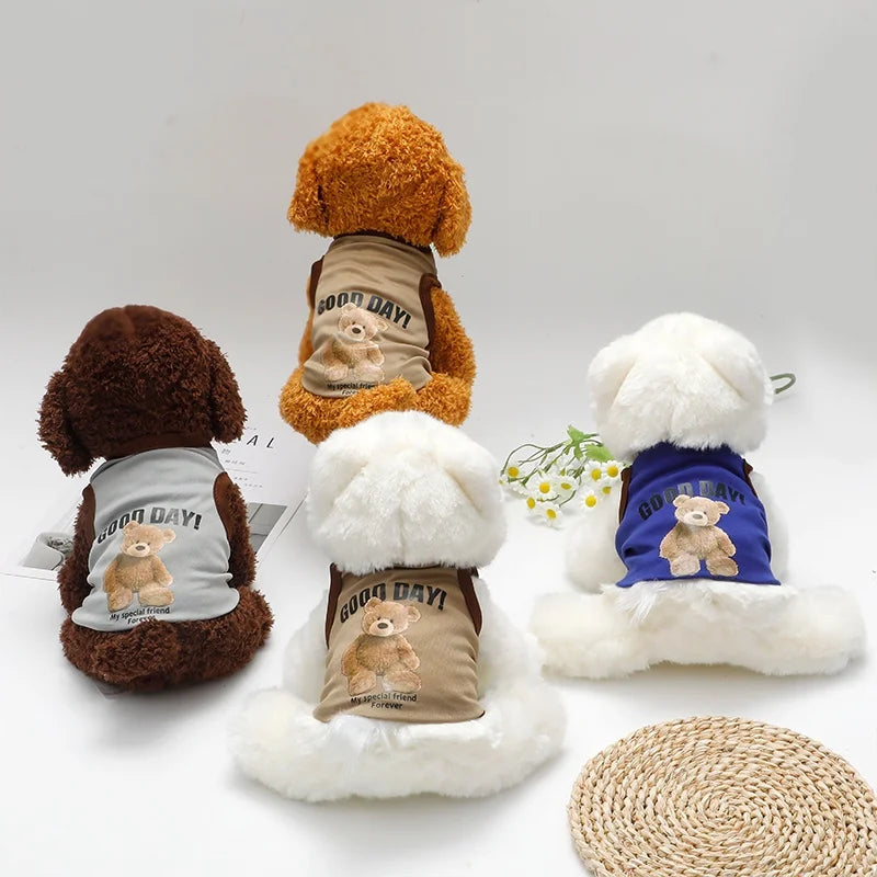 Three plush bear dog pet t-shirt vests in brown and beige colors displayed on a white background.