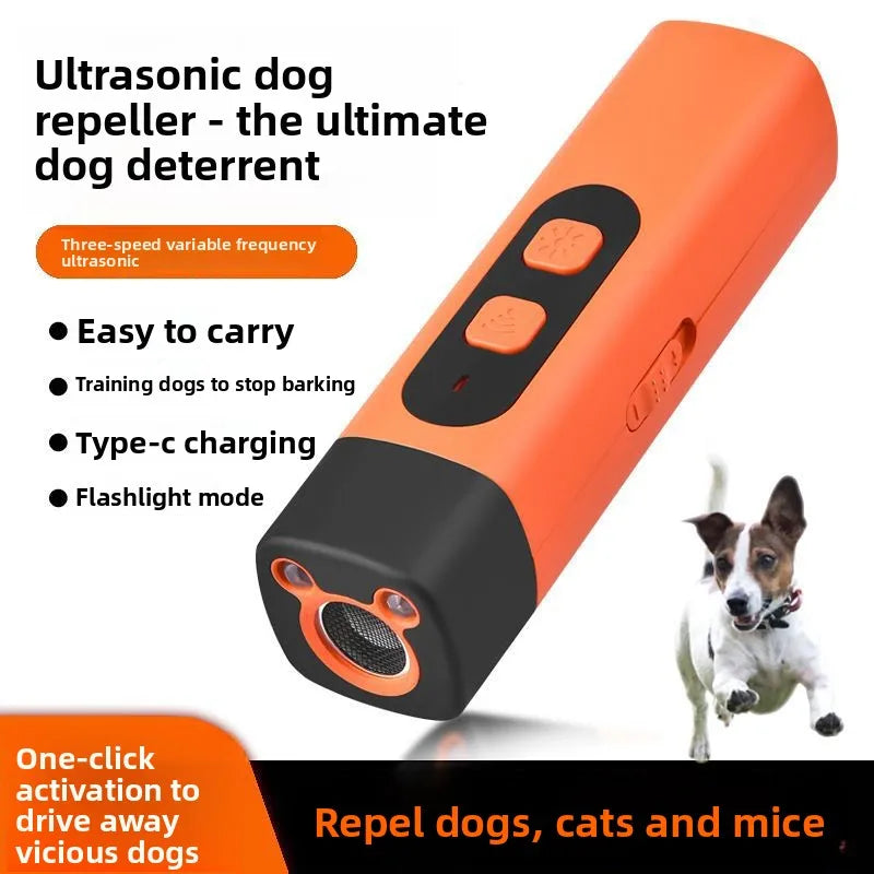 An orange ultrasonic dog repeller device shown against a white background.