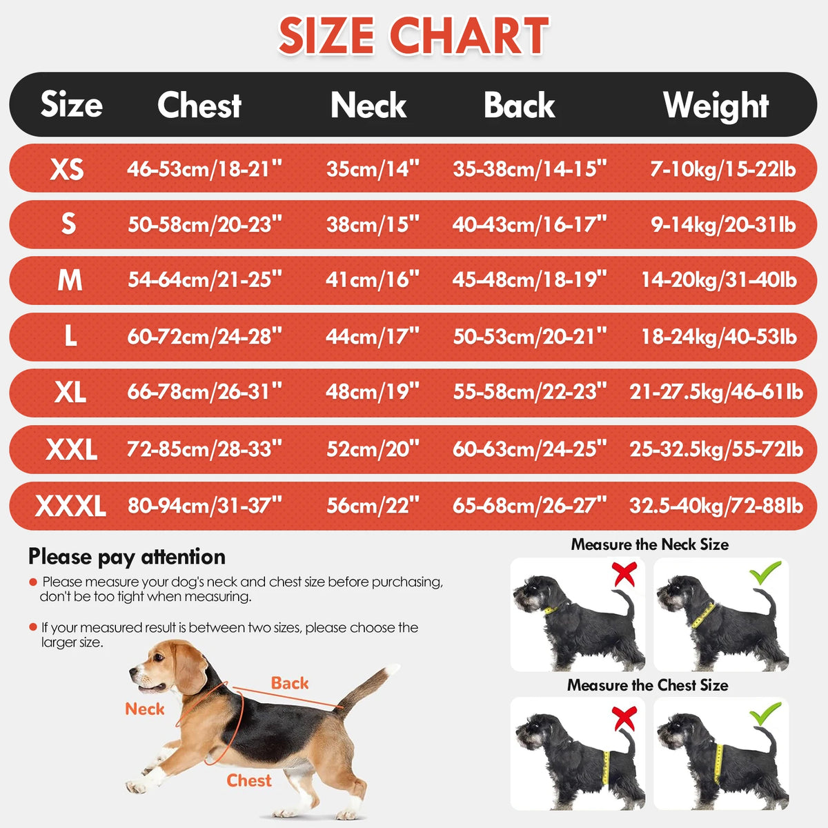 Tabla de tallas para un traje de recuperación invernal de forro suave para perros, mostrando medidas de pecho, cuello y espal
