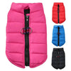 Pink, red, and blue padded dog coat jackets for small breeds shown in various colors.