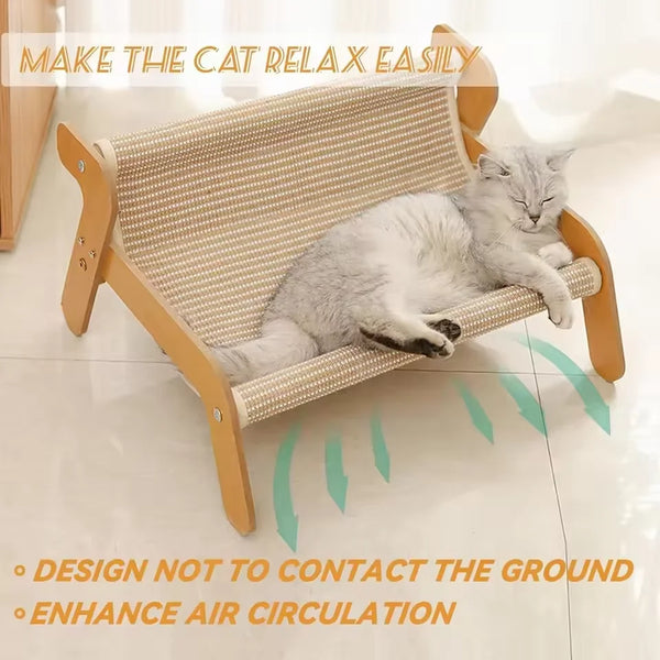 A gray cat is relaxing on a woven sisal cat scratcher and lounger bed designed to keep the cat off the ground.