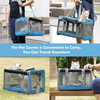 A blue breathable mesh pet carrier bag for cats and small dogs being carried by a person.