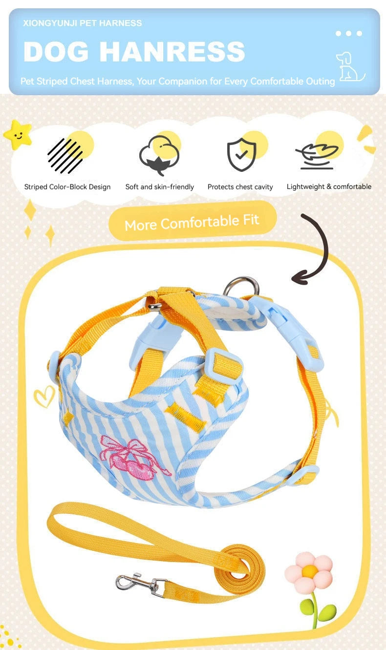 A striped blue and yellow dog harness and leash set shown against a white background.