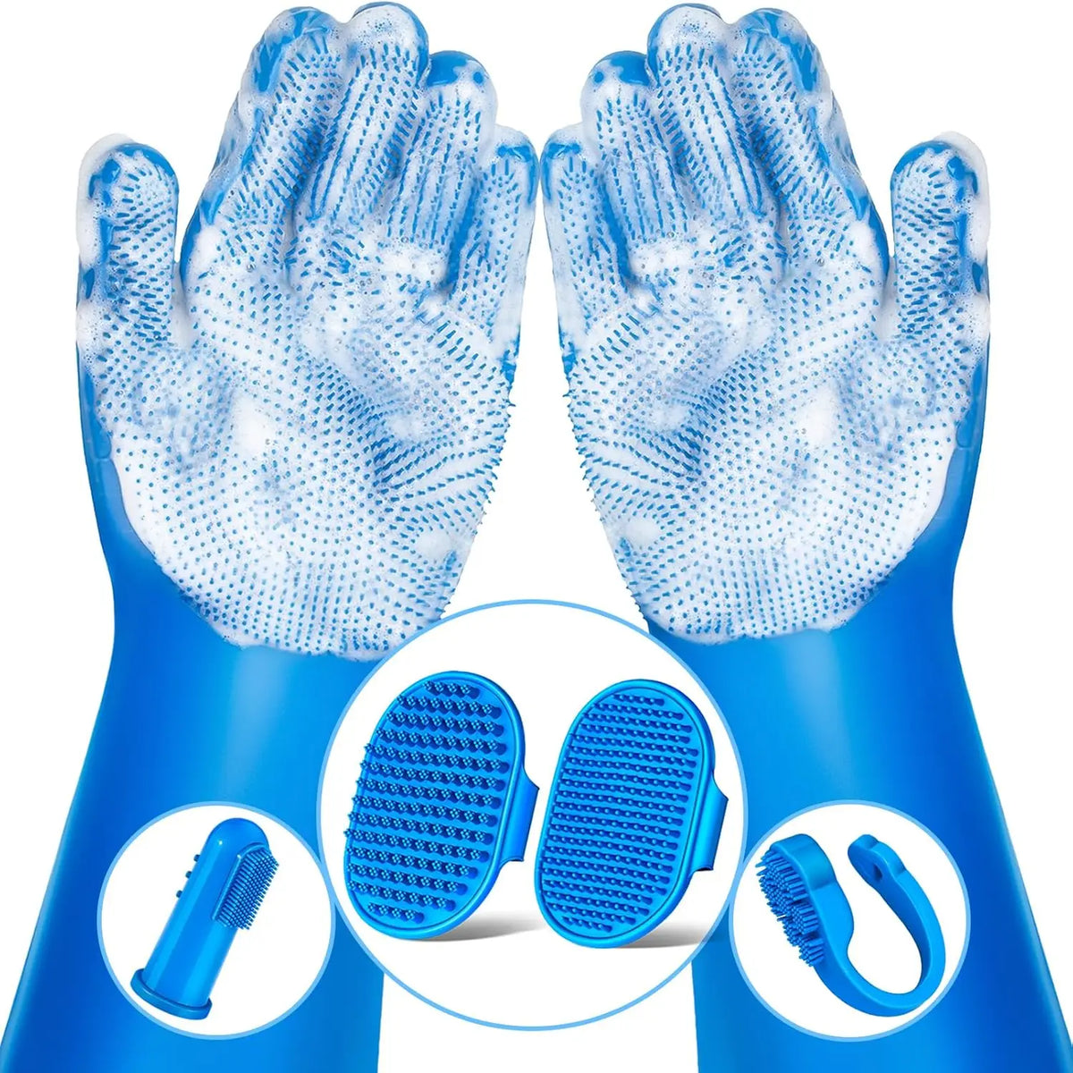 A pair of blue pet grooming gloves with a built-in bathing and brushing kit.