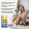 A woman is shown using a bottle of Pet Stain & Odor Remover spray on a dog and cat indoors.