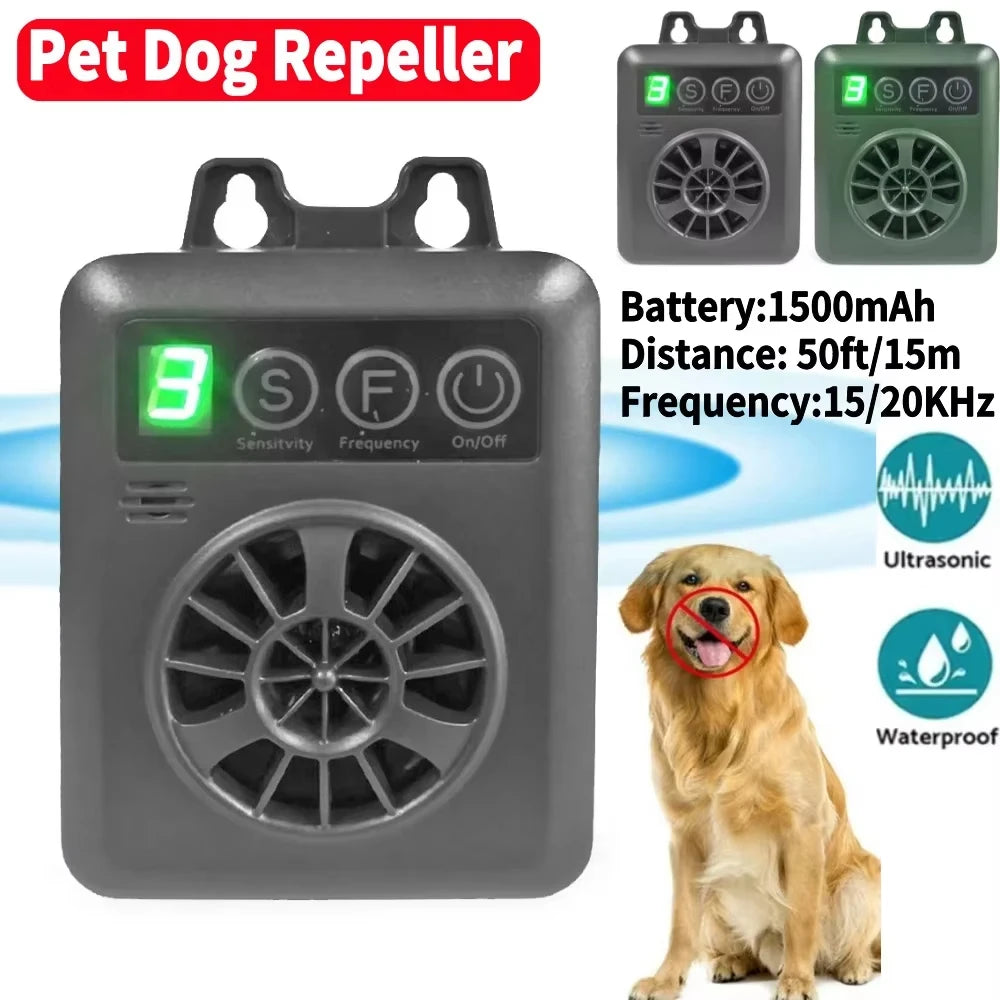 A gray ultrasonic pet dog repeller device with a circular grille and battery indicator, shown next to a dog.