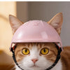 Un gato doméstico vistiendo un casco de seguridad rosa con correas negras y una pajarita negra.