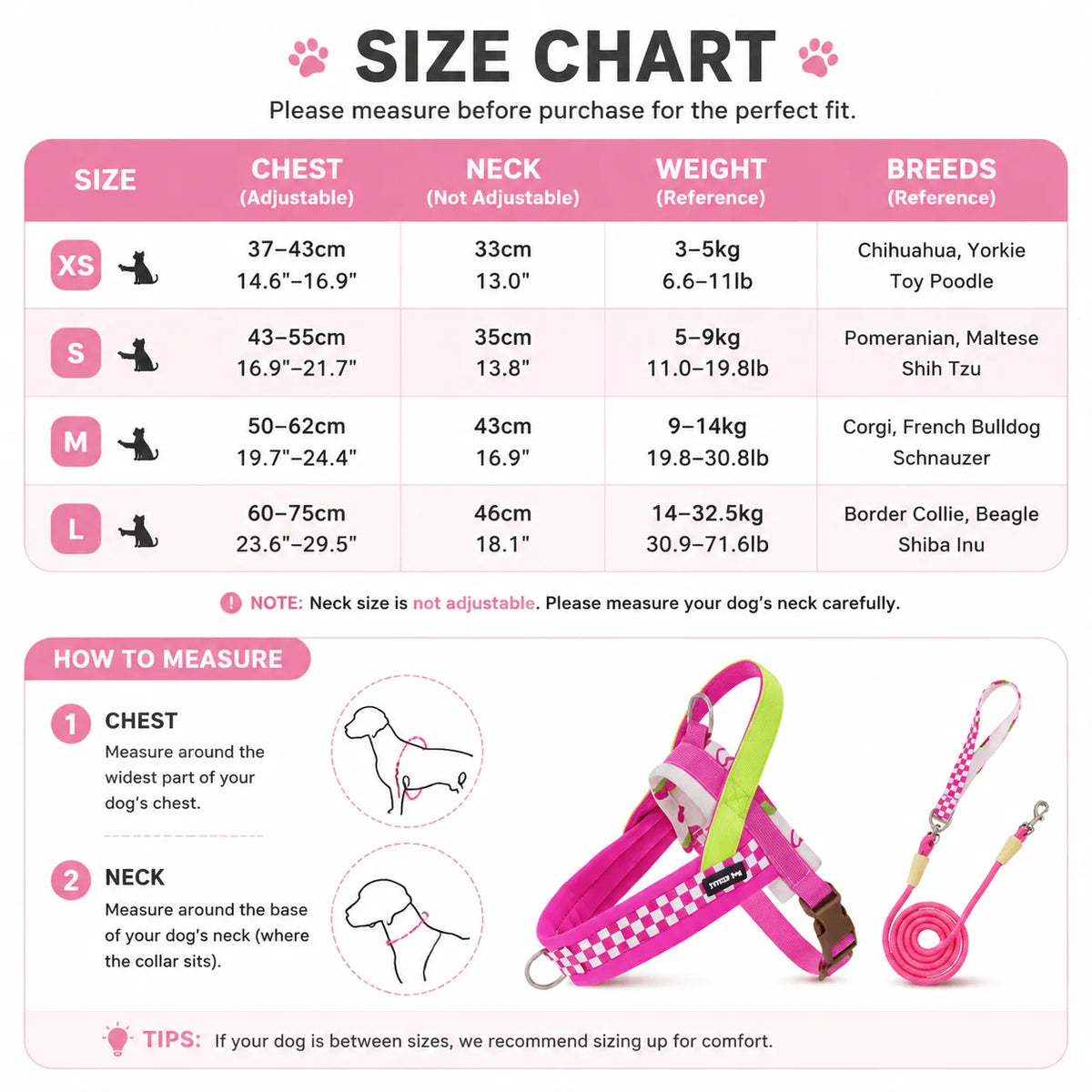 Size chart and instructions for measuring a dog's chest and neck for an adjustable dog harness and leash set