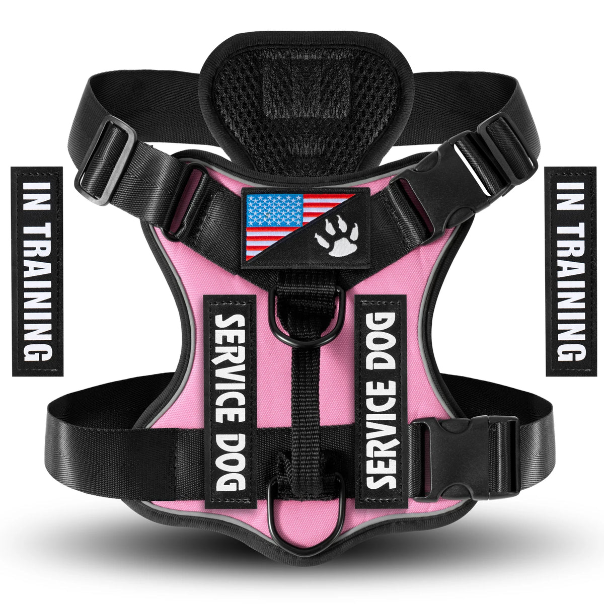 A pink and black harness for a service dog is shown with training labels.