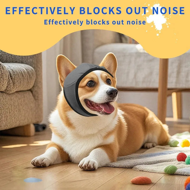 A happy dog wearing a black noise reduction ear muff lies on a wooden floor.