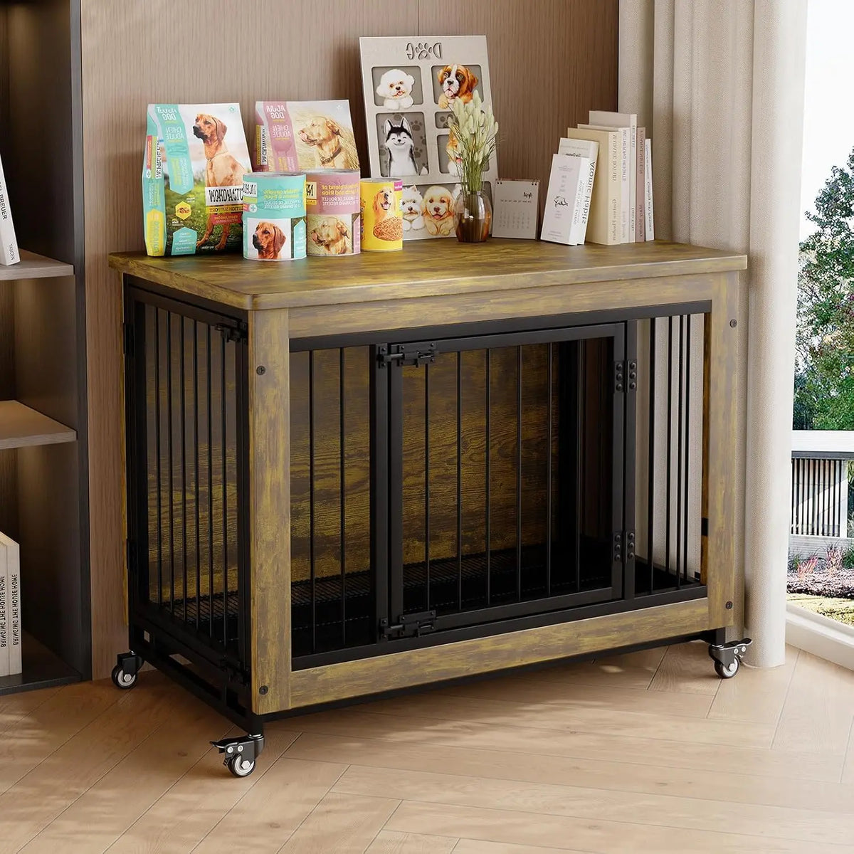 A wooden dog crate furniture piece with a dark frame and wheels sits on a light wood floor.