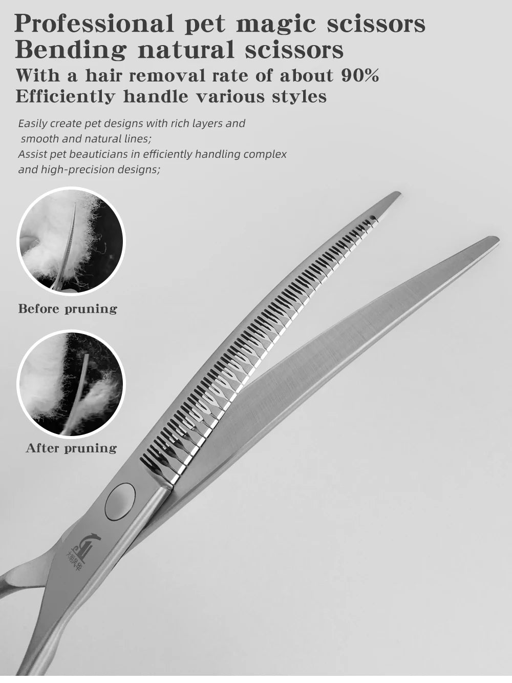 Close-up of professional pet magic scissors showing before and after pruning of natural scissors