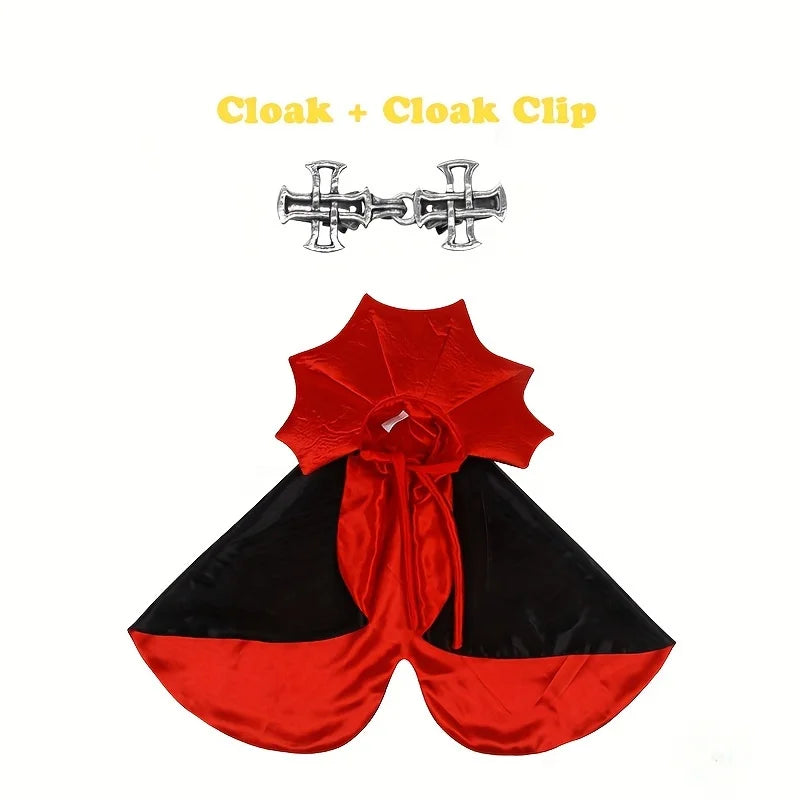 Red and black vampire cat cape and collar costume set with a silver clip