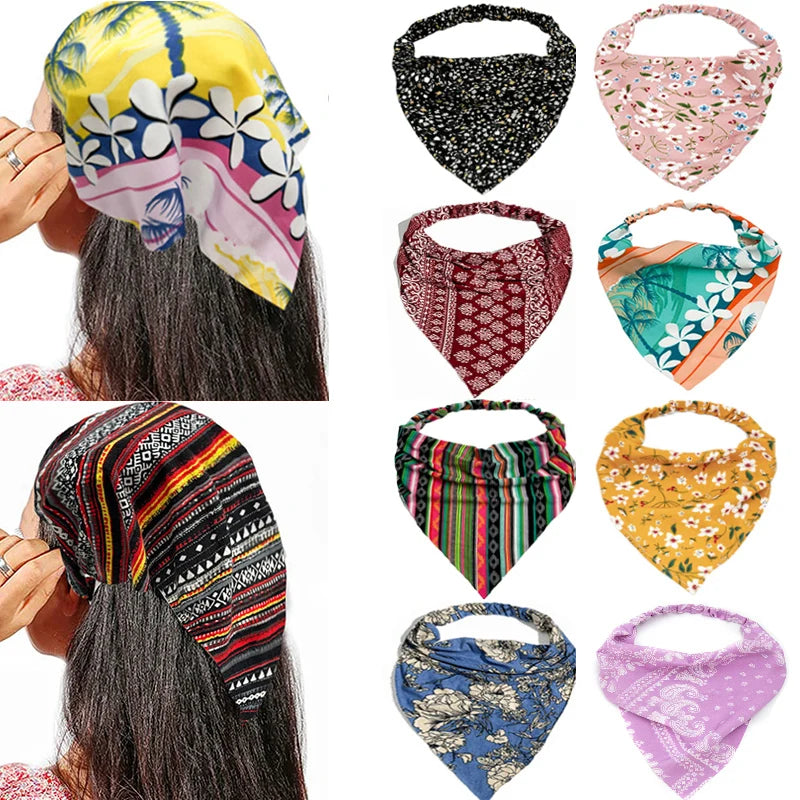Colección de diademas y pañuelos elásticos con estampado floral boho en varios colores y patrones.
