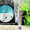 A white compact air pump with a large air volume is shown next to a vibrant green aquatic plant.
