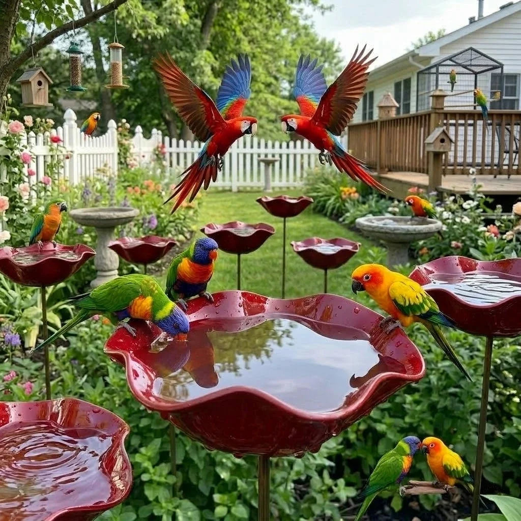 A close-up of a red stainless steel bird feeder filled with seeds, surrounded by green foliage and colorful birds.
