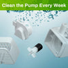 White replacement pump components and a water fountain are shown with splashing water.