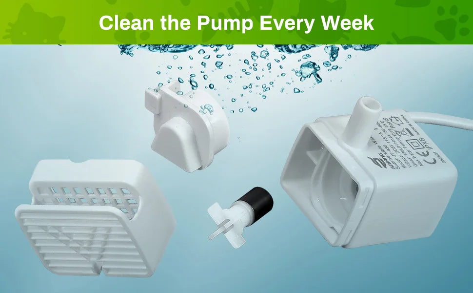 White replacement pump components and a water fountain are shown with splashing water.