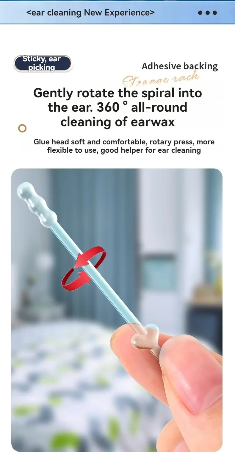 Una mano gira suavemente un hisopo claro y espiral para limpiar el cerumen del oído.