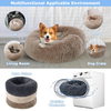 A fluffy pet bed is shown in various applications including a car, sofa, and dog crate. It is machine washable.