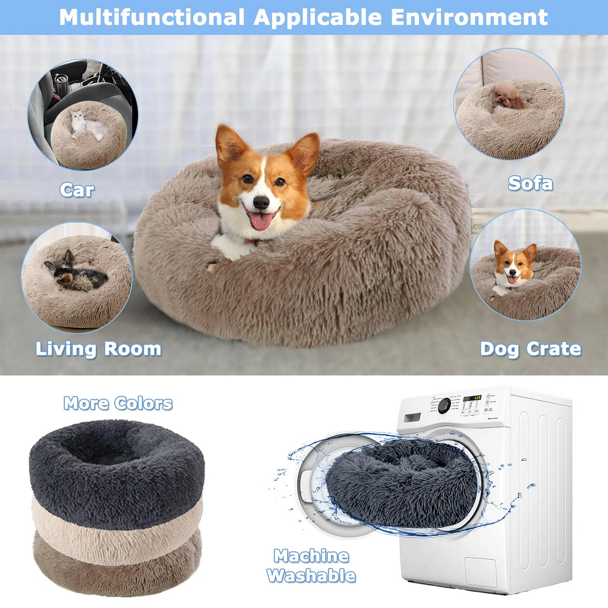 A fluffy pet bed is shown in various applications including a car, sofa, and dog crate. It is machine washable.